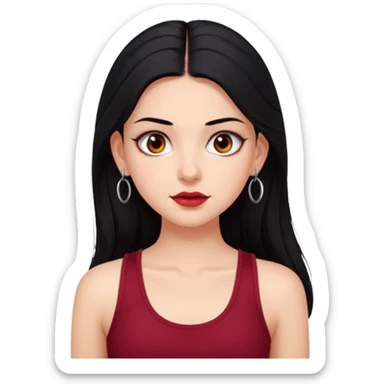 a pretty bratz fair girl with long black hair, kajal under eyes, small silver hoop. Dark cherry red tank top on.  sticker