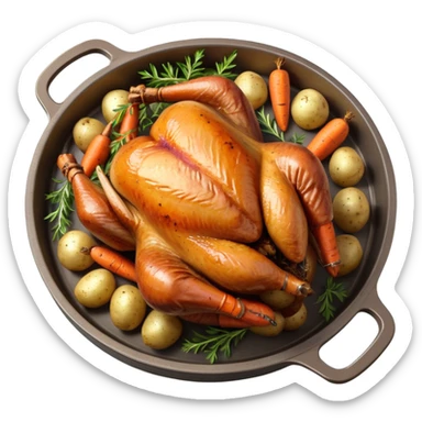 roasted turkey in a baking tray, golden brown crispy skin, whole turkey surrounded by vegetables, oven-baked meal presentation, juicy texture, warm food lighting, 3D cartoon style, mobile game icon style, centered composition, clean background, no text, no watermark
 sticker