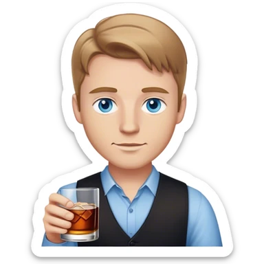 white guy light brown hair blue eyes wearing black holding whiskey sticker