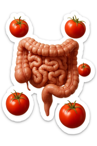 intestino umano anatomico con pomodori che gli fluttuano intorno, iperrealistico 4k sticker