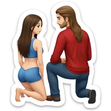 A woman facing towards a man only showing her back and she kneels down sticker