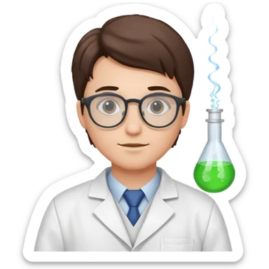 Portrait of a young scientist wearing a white lab coat, glasses sticker