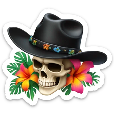 Realistic side view of a skull in a black cowboy hat on decorated with tropical flowers. sticker