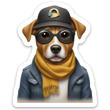 A dog wearing a scarf with a hat with some sunglasses with some goggles and with some pop pouches sticker