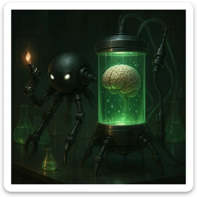 Lighten the genetics lab scene, add glowing scientific equipment and a brain floating in glowing green liquid. Make the scene more realistic with detailed lighting and reflections, emphasizing a realistic style with intricate light play and reflections. sticker