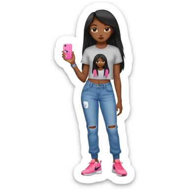 face girl with nails and cute make up black girl strait hair super long  top and slim body and baggy jeans and nike choes sticker