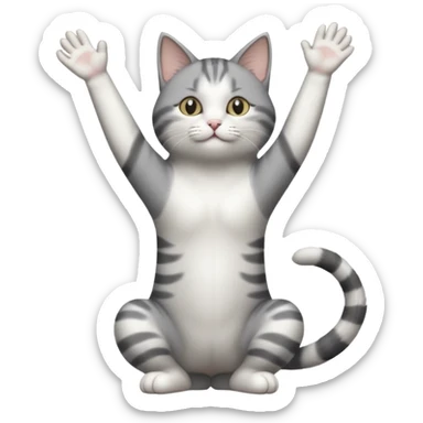 grey and white cat doing a big long stretch reaching up into the air with arms and legs side by side together sticker
