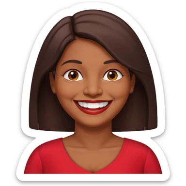 50 yr old chubby Sri Lankan woman, dark skin, straight brown hair, big smile, white teeth, red dress clothes, shoulder length hair, longer hair sticker