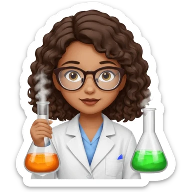 realistic bratz doll with long loose curly dark brown hair, glasses that are round cat eye vibes, in a lab coat mixing beakers that glow shes a 4th grade girl sticker