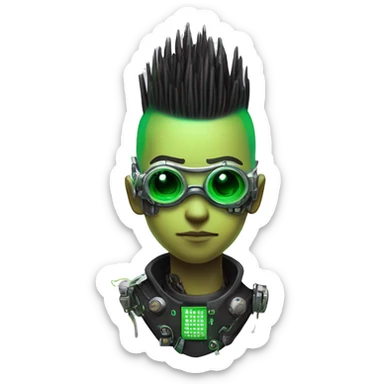 Mohawk hair with neon green highlights Asian male cyborg head with neon silver steampunk goggles and circuits sticker