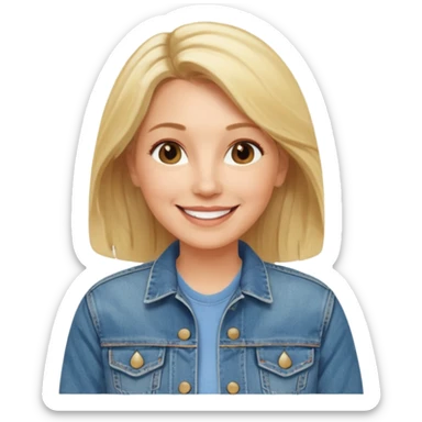 woman in her 50s, medium-length blonde hair, wearing a denim jacket, smiling sticker
