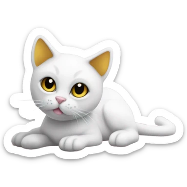 A sleek white cat with black markings on its head and body, large upright black ears, golden-yellow eyes, and a light pink nose, lying on a crocheted white mat. sticker
