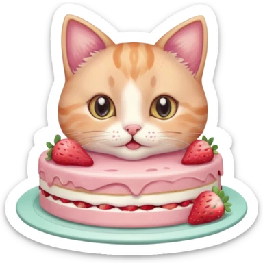 A cute cat happily eating a slice of strawberry cake, pastel color palette, soft shading, big sparkling eyes, kawaii style, highly detailed digital illustration, cozy atmosphere
, sticker