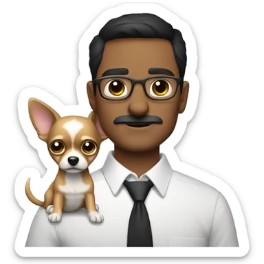 dark hair dark eye man with short mustache wearing glasses holding chihuahua sticker