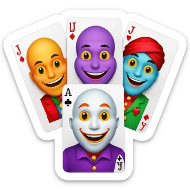 3 poker cards, with crazy colorful human jolly jokers inside, face and torso only sticker