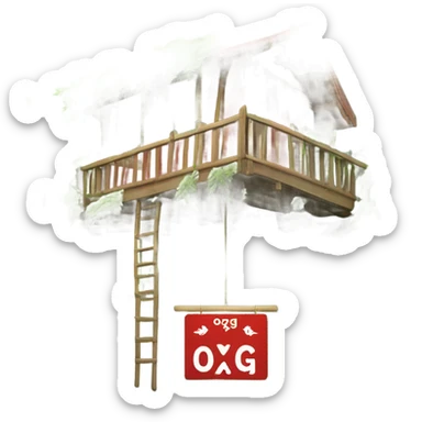 Treehouse with weed leaves with hanging red sign that’s reads OXG in white letters sticker