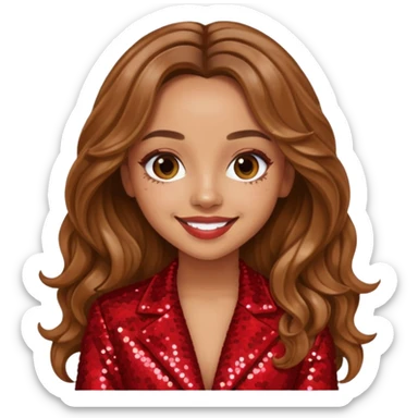 Jade Thirlwall from Little Mix with long light brown hair, red sequin outfit sticker