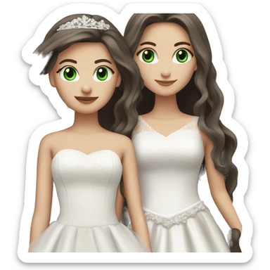 2 dark brown straight long hair white girls, one with green eyes and one with blue eyes. both in wedding dressed sticker