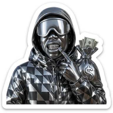 Create a character inspired by the person in the reference image with brown skin and similar facial features and style. Dress the character in a chrome patterned jacket with a hood. The character is holding a chrome brown money bag with realistic US dollar bills coming out. The character has a confident expression and visible grills on their teeth. The background is transparent. sticker