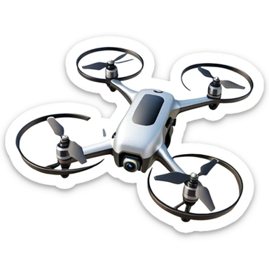 An icon showing a racing quadcopter drone in the foreground, flying at high speed through a course filled with obstacles and checkpoints. Other drones zoom in the background over a dynamic landscape. Transparent background highlights the thrill and precision of drone racing. sticker