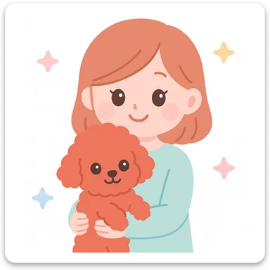 a smiling woman with a fluffy red toy poodle, warm and inviting, gentle color palette, clean background sticker