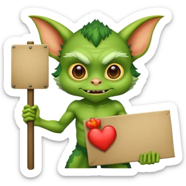 A gremlin holding a large blank sign sticker