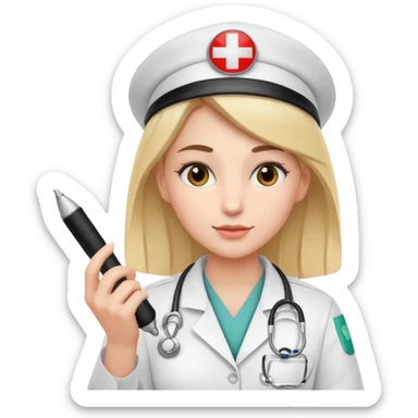 woman medic signing application for job sticker