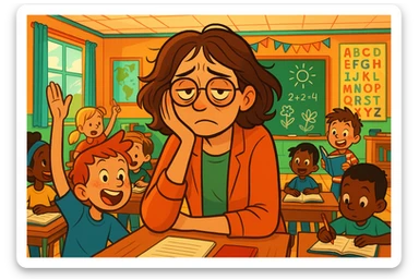 digital cartoon art of a exhausted teacher in a bustling classroom sticker