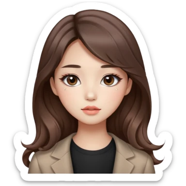 “korean straight brown hair Emoji girl, soft eyeliner and blush, gradient lips, light brown shimmer eyeshadow, long wavy hair,  sticker