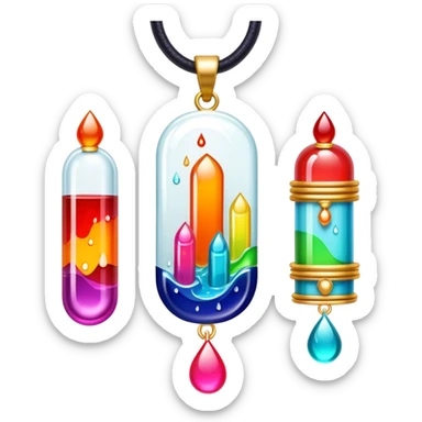 Create an icon that represents decorative arts using epoxy resin in tubes. The design should feature colorful tubes of resin, including fluorescent resin tubes, with visible drops or strokes of resin being applied to create intricate designs. Include examples of finished resin jewelry or decorative pieces, such as pendants, rings, or abstract art. The composition should feel vibrant and artistic, highlighting the creative and glowing nature of resin crafting. The background should be transparent. sticker