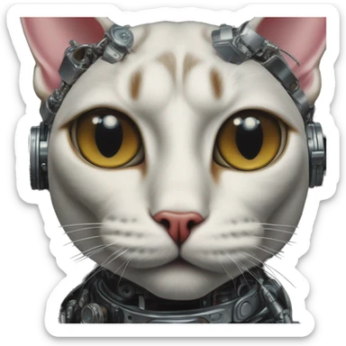 Cyborg cat in Gucci style, oil paint, mysterious eyes, intricate lips, masterpiece portrait , odd perspective, beautiful, desirable, logical sticker