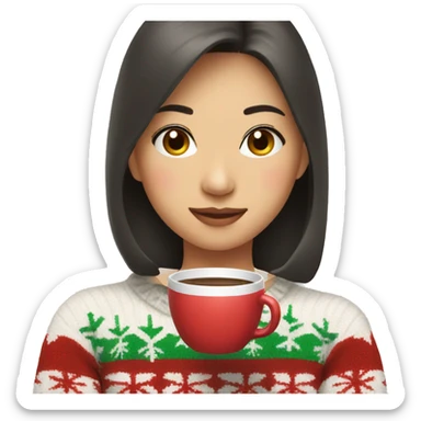 asian girl drinking coffee wearing Christmas sweater sticker