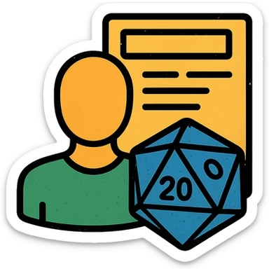 minimalist icon representing Player for DnD TTRPGs with silhouette, D20 dice, or character sheet, worn and distressed look sticker