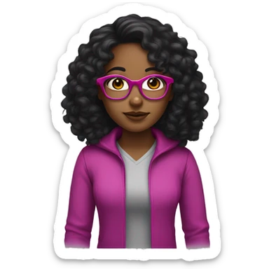 Girl with long curly black hair and brown skin and dark brown eyes and fuchsia glasses  sticker