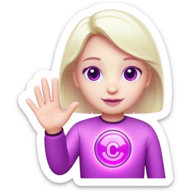 Friendly round AI mascot with a neon C badge, floating hologram in hands, purple-magenta glow. sticker