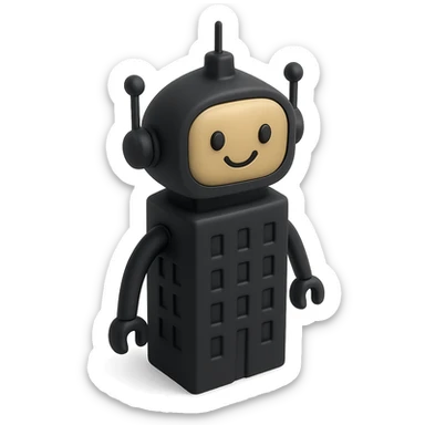 a smiling robot with a skyscraper-like body sticker