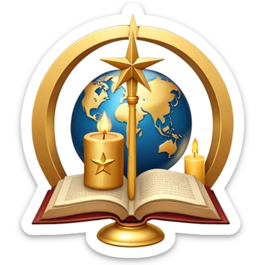 An icon featuring a holy book, a candle, a cross, and Islamic crescent and star, alongside a Buddhist wheel of Dharma, symbolizing religious studies. The design includes a globe with these symbols, representing the diversity of beliefs. Transparent background  sticker