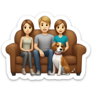 Brown hair White boy and girl with beagle Sit on couch sticker