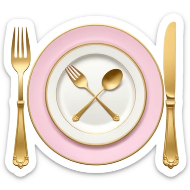 A luxurious plate with pink accents and elegant details, fork and knife on side sticker