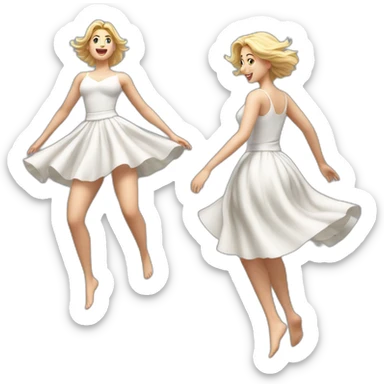 Hyperrealistic Full body Caucasian curvy beauty jumping white skirt back and front views strong wind sticker