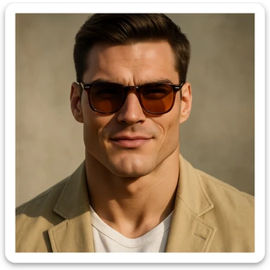 Transform the image into a giga chad style with a strong jawline and confident expression. Use only natural skin tones and realistic features, avoiding any gray colors or shades. Keep the look playful and cool without cartoonish exaggeration, aiming for a realistic appearance. sticker