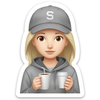 Female tech developer going back to work after christmas holidays, looking tired and wearing a hoodie and a baseballcap that says "SVT" sticker