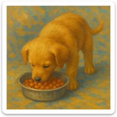 Make the dog a cute puppy eating dog food, keep the same style as the original image. sticker