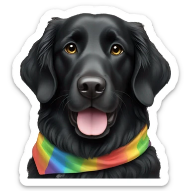 Black Flat coated retriever with small ears wearing rainbow bandana sticker