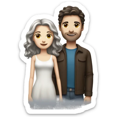 A straight couple that has dark brown wavy hair and white skin sticker