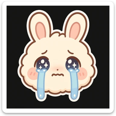 kawaii chibi-style bunny emoji with a round fluffy face, sparkly eyes, blushing cheeks, pastel color palette, crying mood, soft rounded design, anime-style, black background, vector art sticker