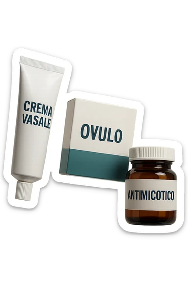un tubetto di crema con la scritta "crema va**ale", una scatola con farmaco con la scritta "ovulo", un barattolo di farmaco con la scritta "antimicotico" in italiano sulle etichette, fluttuano in aria, IPERREALISTICO 4K sticker