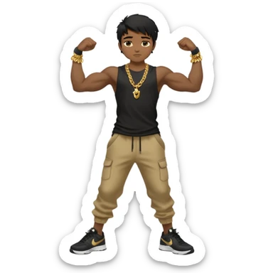 full side body close up view of muscular 13yo boy with veiny hands arms and biceps. has messy black hair with dark-tan skintone with black tshirt. has gold chain and nike shoes with baggy pants sticker