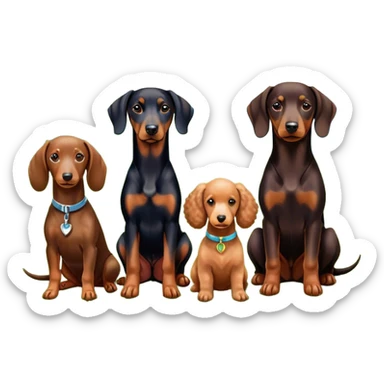 Close-up of a Doberman Pinscher, a Dachshund and a Poodle sitting together on lush green grass. The background features a beautiful, serene nature view with rolling hills and bright blue skies. The dogs' sleek coats shine under the sun. Transparent background. sticker