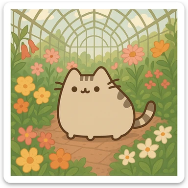 beige pusheen-style kitten in a botanical garden greenhouse filled with flowers sticker